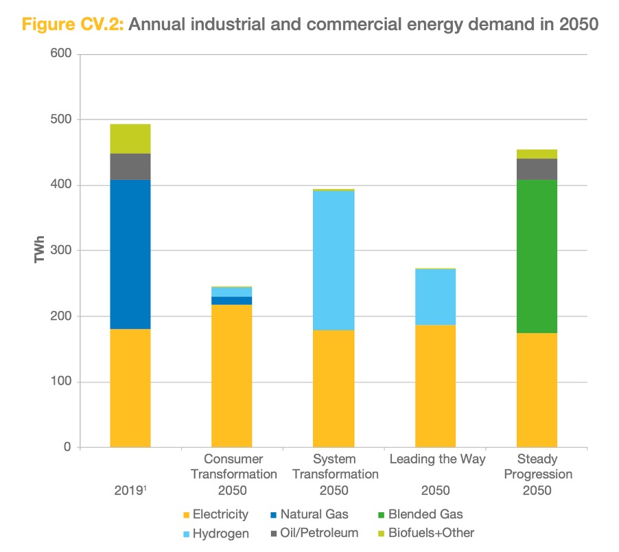 Chart showing the predicted annual industrial and commercial energy demand in 2050